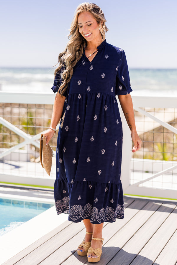 Chic Soul Plus size clothing, Navy Midi embroidered dress with a slight v-neck