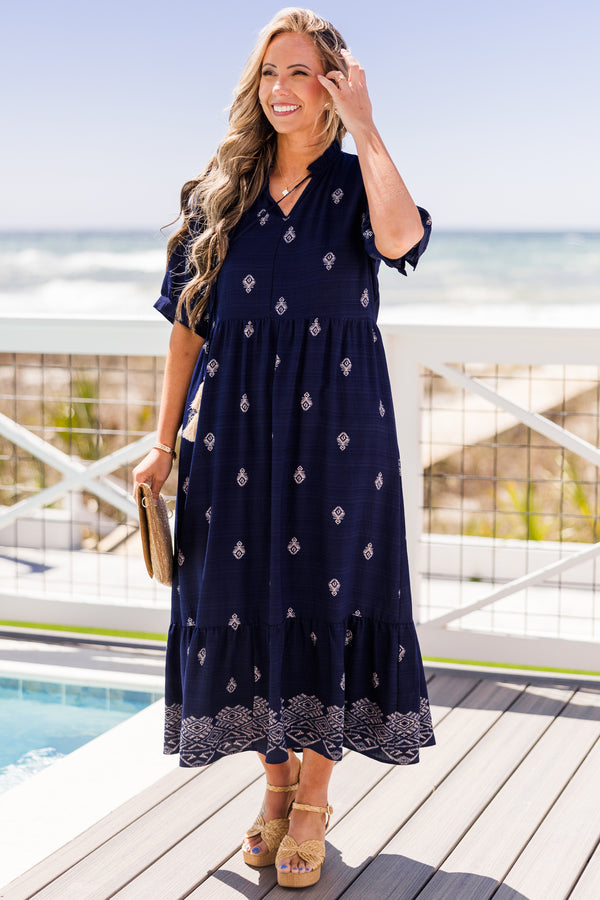Chic Soul Plus size clothing, Navy Midi embroidered dress with a slight v-neck
