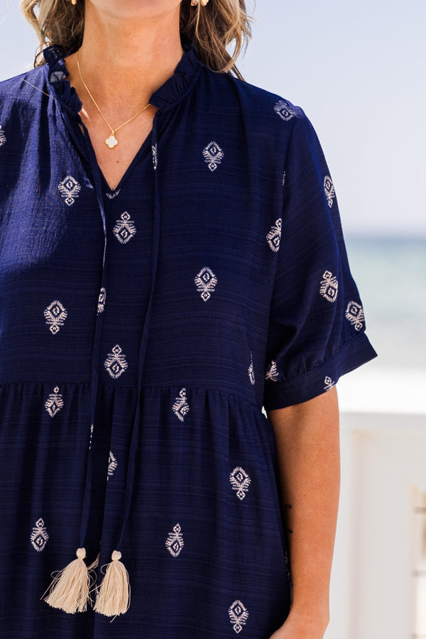 Chic Soul Plus size clothing, Navy Midi embroidered dress with a slight v-neck