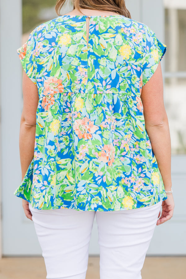 Chic Soul plus size clothing, short sleeve royal blue top with green and yellow floral details