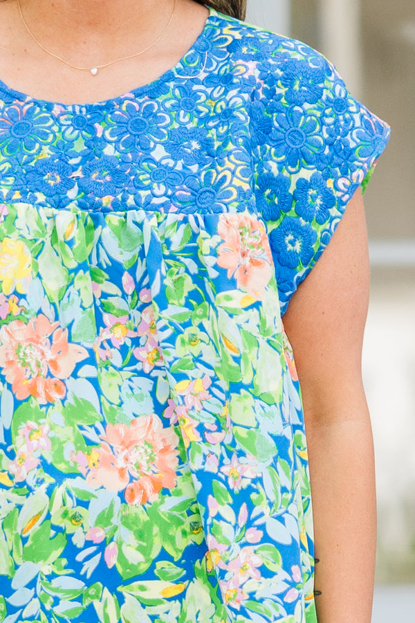 Chic Soul plus size clothing, short sleeve royal blue top with green and yellow floral details