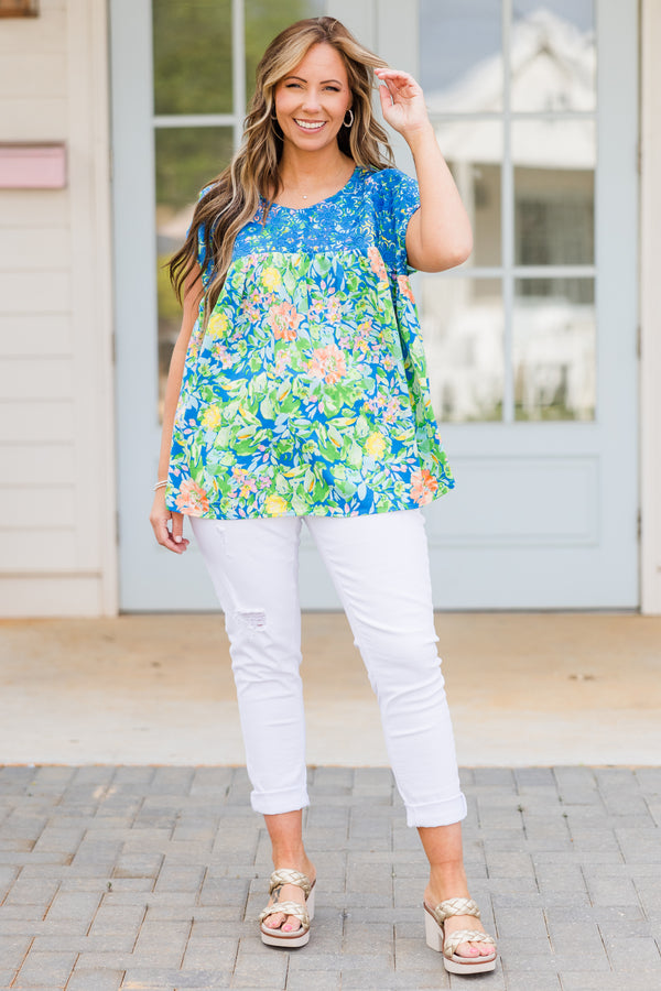Chic Soul plus size clothing, short sleeve royal blue top with green and yellow floral details