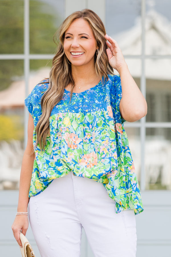 Chic Soul plus size clothing, short sleeve royal blue top with green and yellow floral details