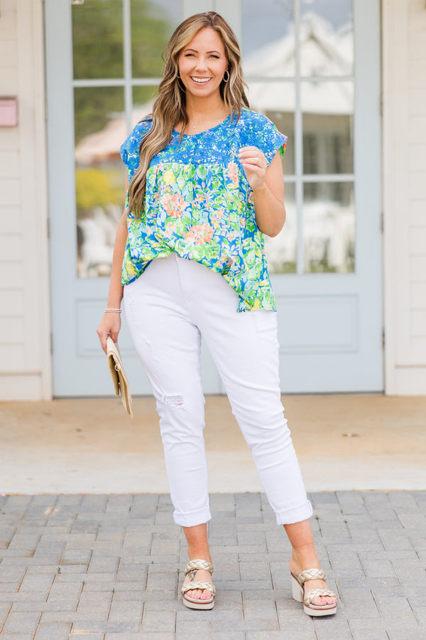 Chic Soul plus size clothing, short sleeve royal blue top with green and yellow floral details