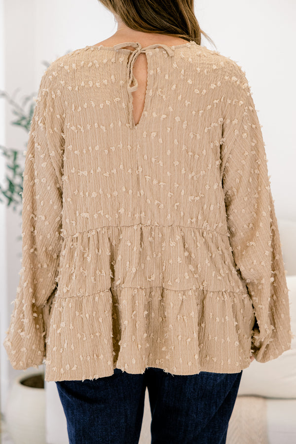 Chic Soul plus size clothing, brown long sleeve babydoll top with textured pattern throughout