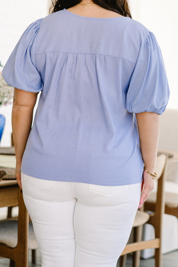 chic soul plus size clothing, sky blue top with white tie bow accents on the neckline and waist area with bubble sleeves 