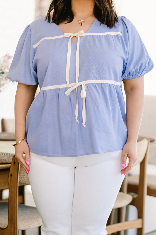 chic soul plus size clothing, sky blue top with white tie bow accents on the neckline and waist area with bubble sleeves 