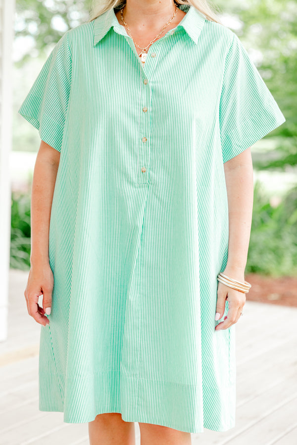 Chic Soul plus size clothing, spring green and white vertical pinstriped short sleeve collared partial button-up casual dress