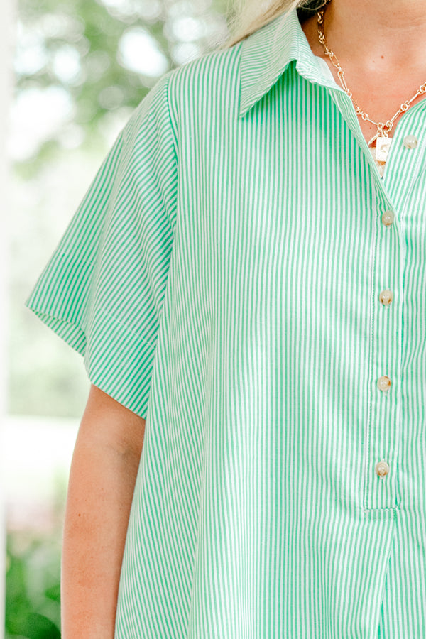 Chic Soul plus size clothing, spring green and white vertical pinstriped short sleeve collared partial button-up casual dress