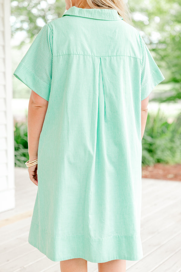 Chic Soul plus size clothing, spring green and white vertical pinstriped short sleeve collared partial button-up casual dress