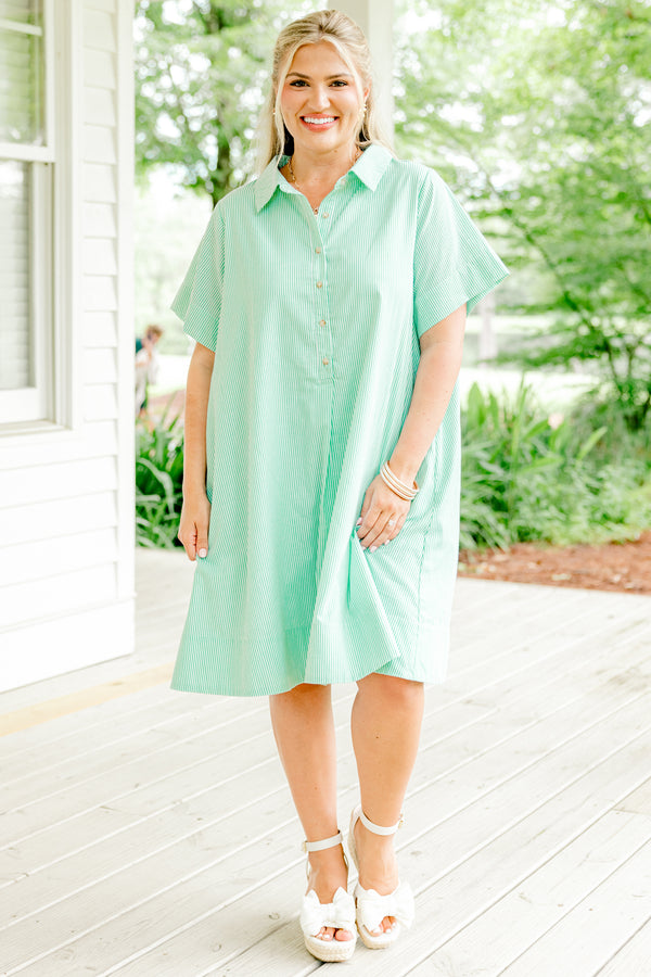 Chic Soul plus size clothing, spring green and white vertical pinstriped short sleeve collared partial button-up casual dress