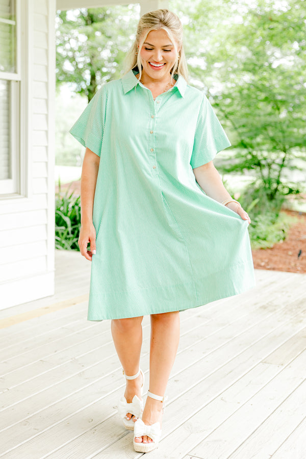 Chic Soul plus size clothing, spring green and white vertical pinstriped short sleeve collared partial button-up casual dress