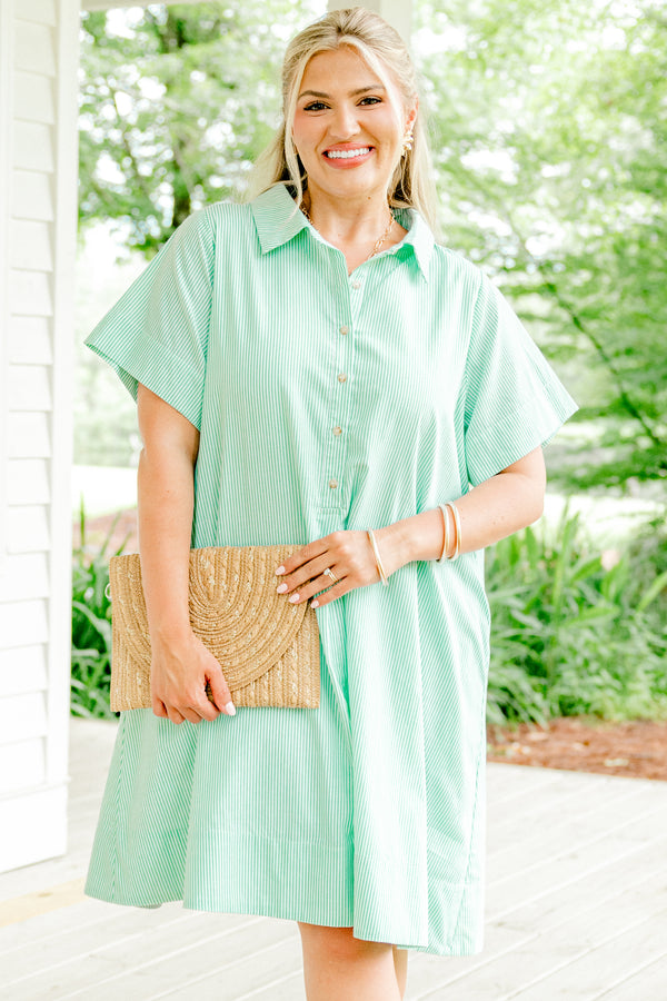 Chic Soul plus size clothing, spring green and white vertical pinstriped short sleeve collared partial button-up casual dress