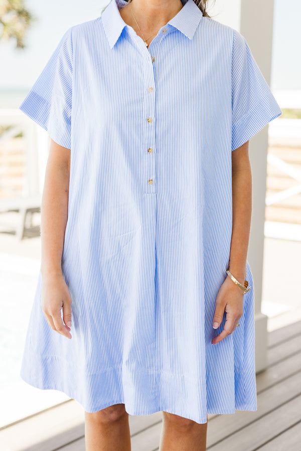 Chic Soul plus size clothing, short-sleeve blue and white striped collared and buttoned short dress 