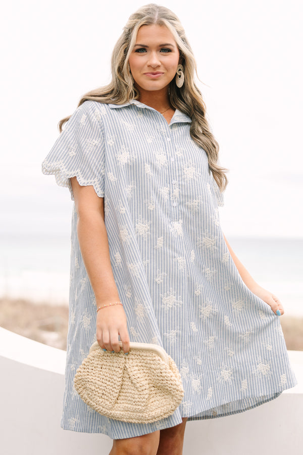 Chic Soul plus size clothing, blue striped knee length dress with short short sleeves buttons going down to the lower chest area as well as cream floral embroidery throughout the dress and along the bottom of each sleeve 
