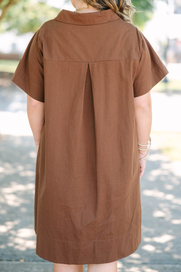 Plus Size brown cotton A-line dress with a collared neckline, short sleeves, and front buttons.