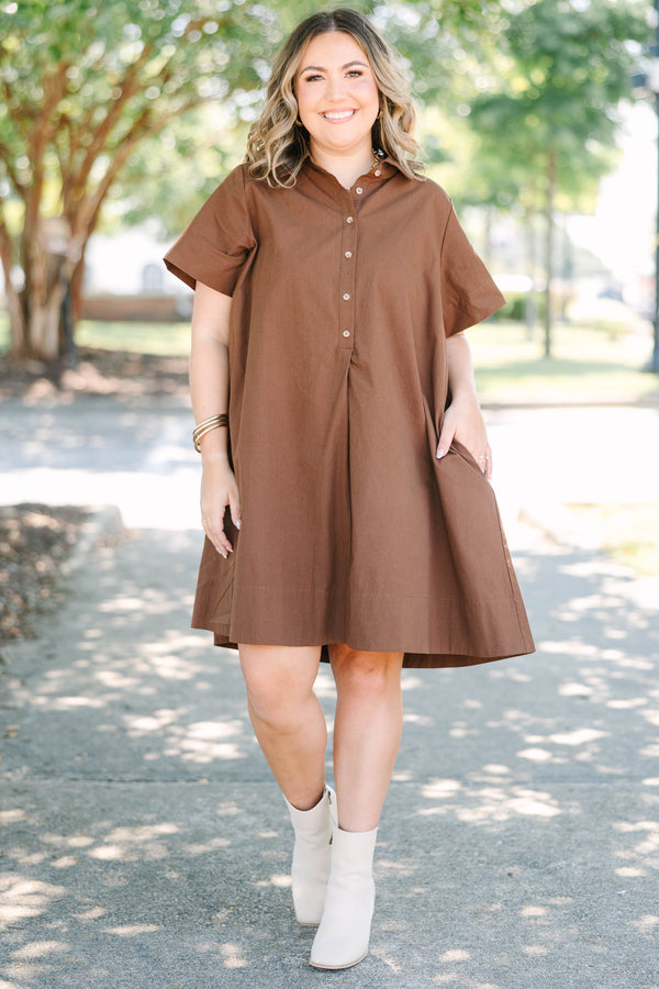 Plus Size brown cotton A-line dress with a collared neckline, short sleeves, and front buttons.