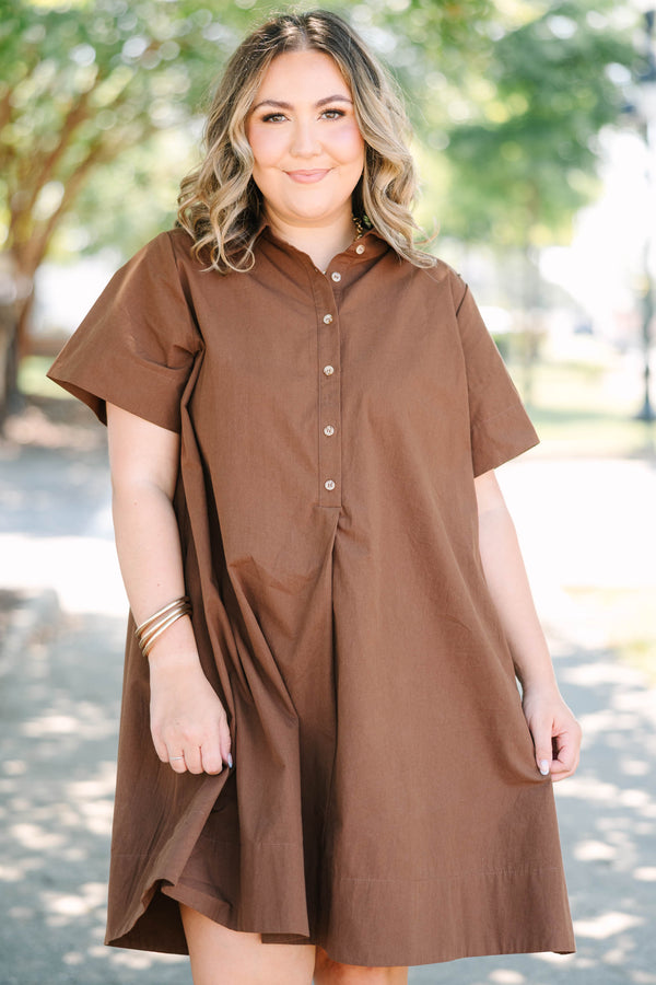 Plus Size brown cotton A-line dress with a collared neckline, short sleeves, and front buttons.