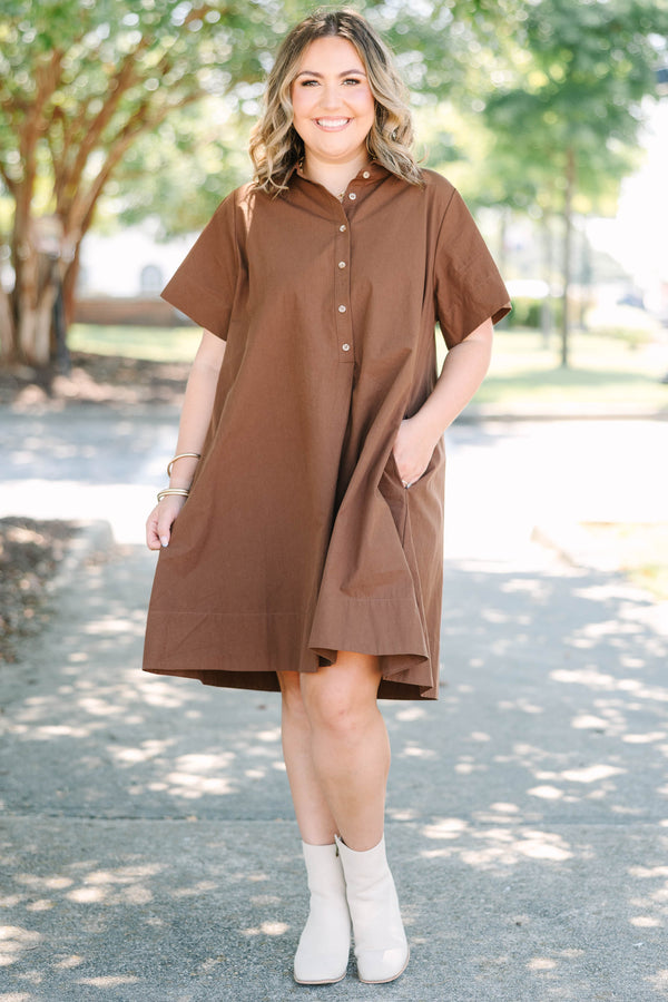 Plus Size brown cotton A-line dress with a collared neckline, short sleeves, and front buttons.