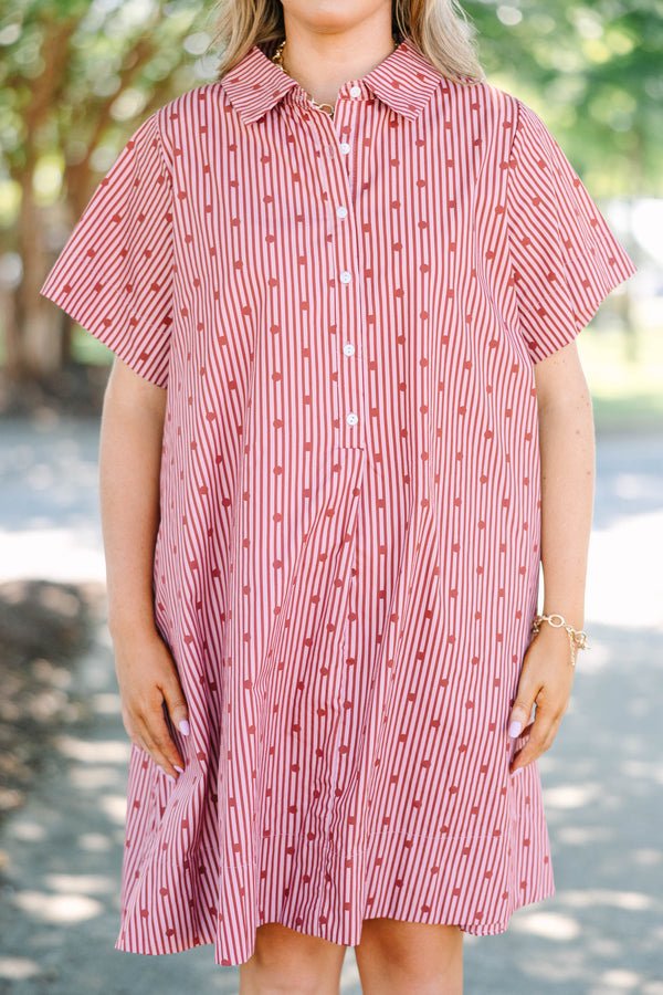 Plus Size red and white striped cotton shirt dress with short sleeves and a button-down collar.