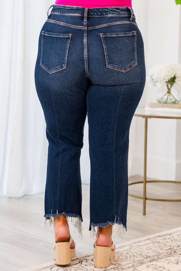 Chic Soul plus size clothing, dark wash ankle length denim jeans with distressed frayed hem
