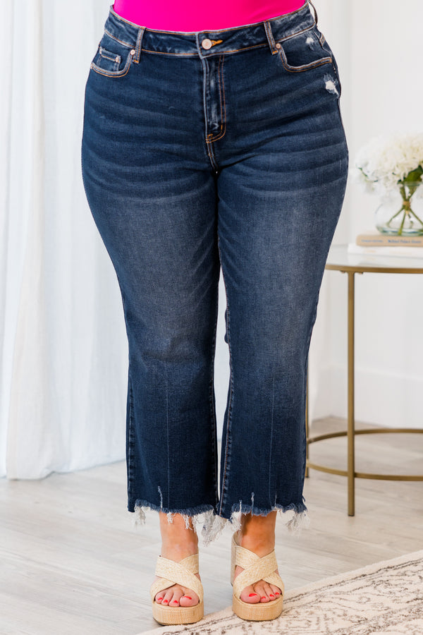 Chic Soul plus size clothing, dark wash ankle length denim jeans with distressed frayed hem 