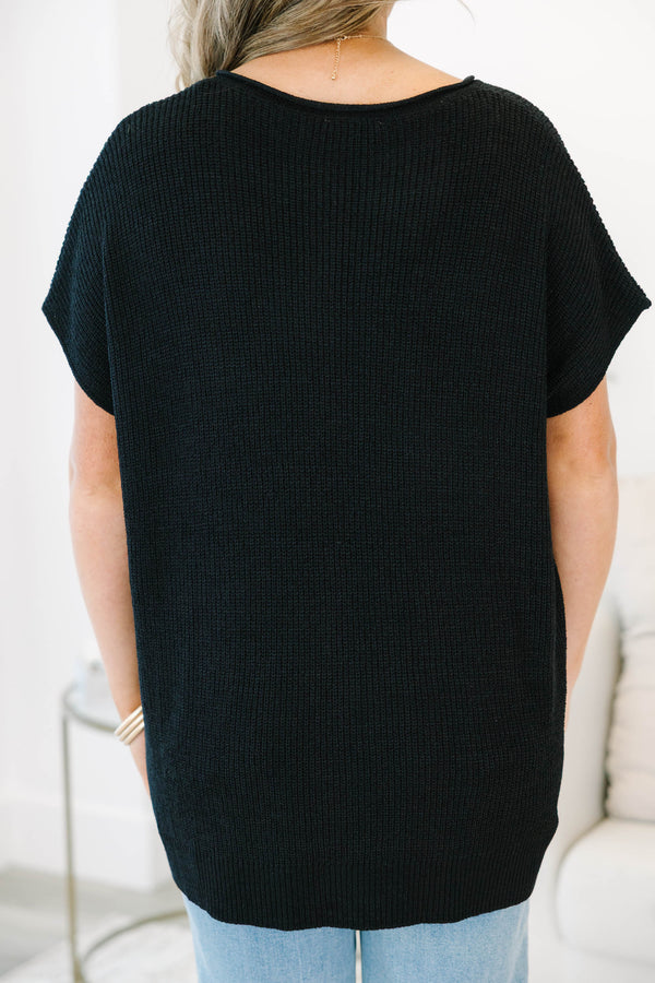 Plus size black Sweet Escape Sweater with a flowy fit, V-neck, and short sleeves.