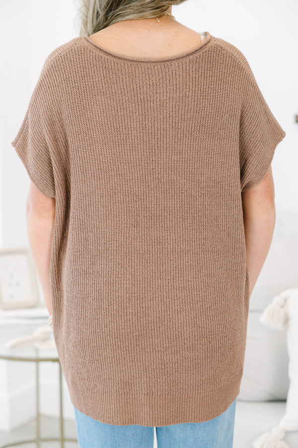 Plus size mocha sweater, featuring a flowy knit fit and v-neckline.