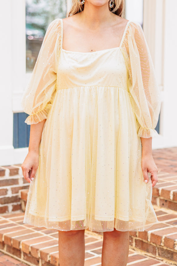 Chic Soul plus size clothing, yellow babydoll style dress with sheer and sequin detailing and bubble sleeves
