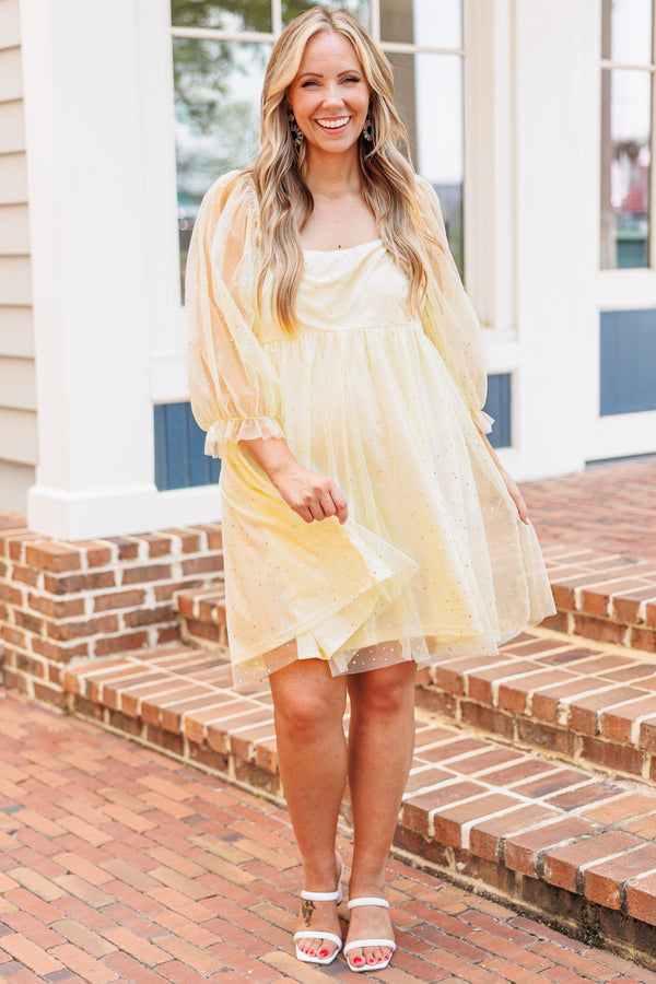Chic Soul plus size clothing, yellow babydoll style dress with sheer and sequin detailing and bubble sleeves
