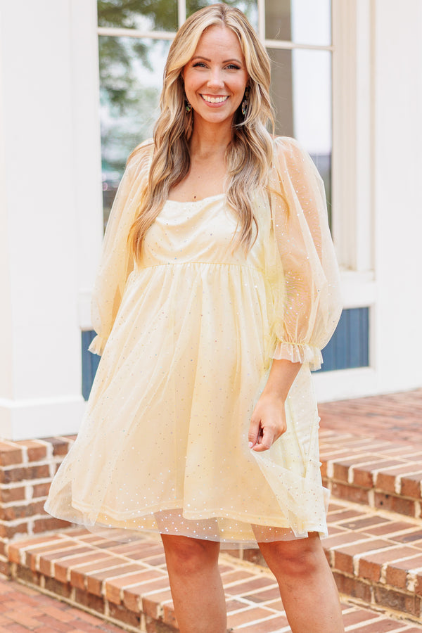 Chic Soul plus size clothing, yellow babydoll style dress with sheer and sequin detailing and bubble sleeves