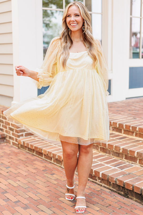 Chic Soul plus size clothing, yellow babydoll style dress with sheer and sequin detailing and bubble sleeves