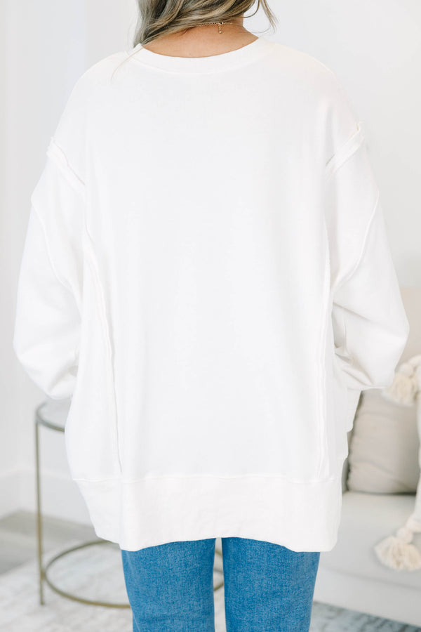Plus Size ivory oversized crewneck sweatshirt with patchwork 