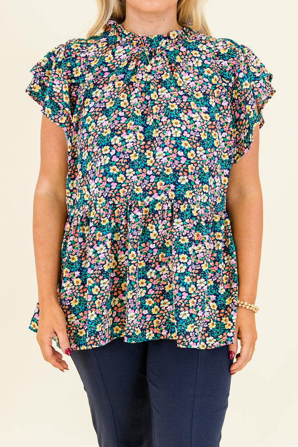 Chic Soul plus size clothing, short-flutter-sleeve navy mix ruffled top with a ruffled mock-neck and multi-colored floral pattern
