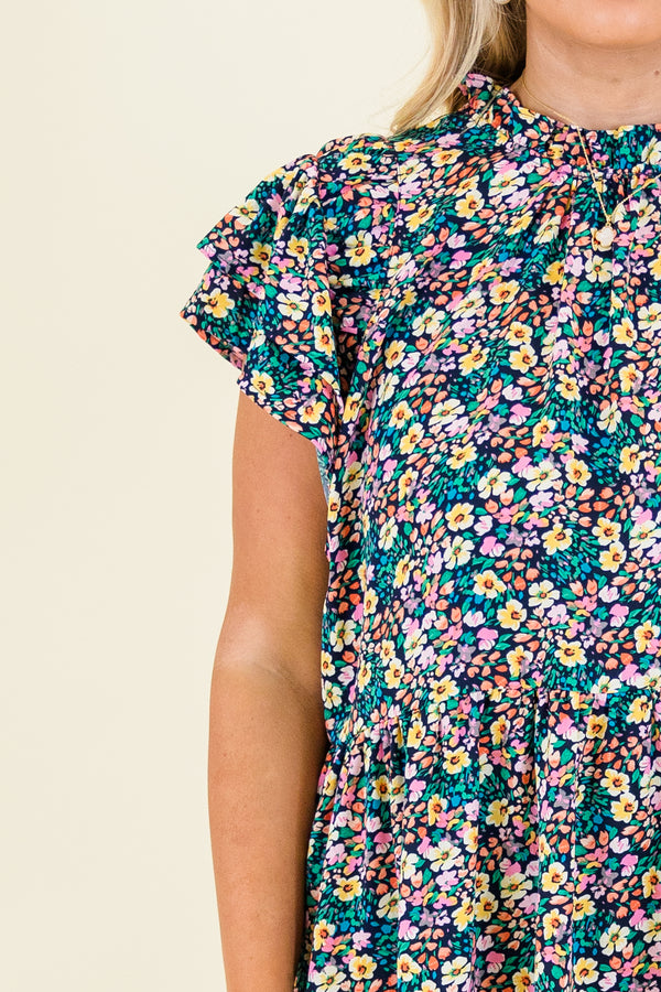 Chic Soul plus size clothing, short-flutter-sleeve navy mix ruffled top with a ruffled mock-neck and multi-colored floral pattern