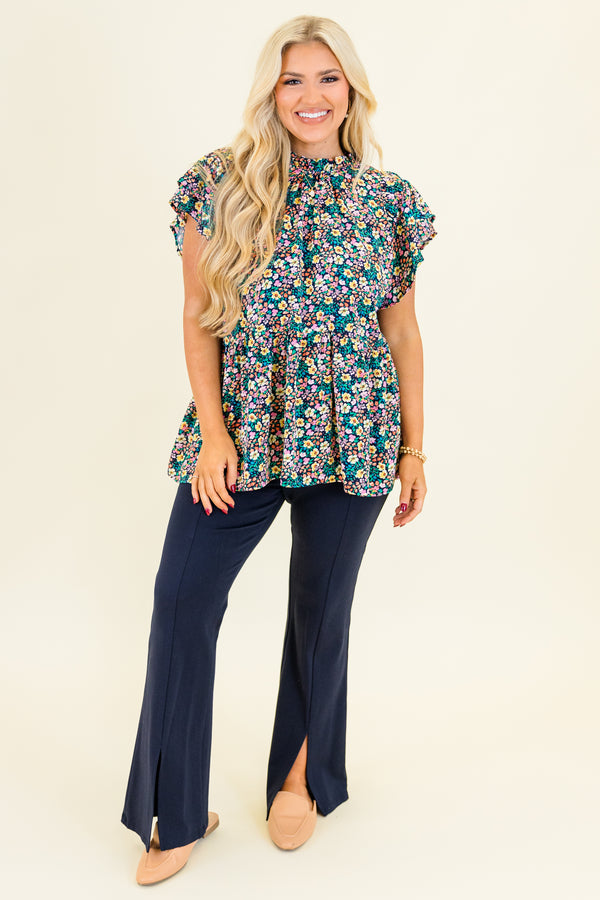 Chic Soul plus size clothing, short-flutter-sleeve navy mix ruffled top with a ruffled mock-neck and multi-colored floral pattern