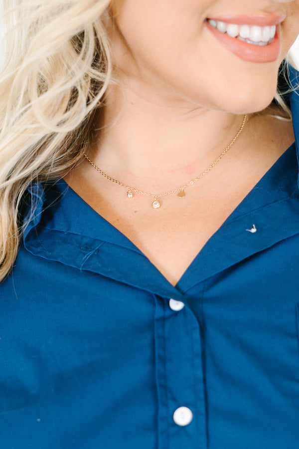 Plus Size dainty gold-plated cable chain necklace with bezel-set crystal drops and a coin pendant.