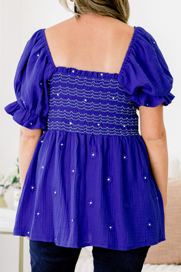 Chic Soul plus size clothing, cobalt blue short-bubble sleeve square neckline babydoll top with embroidered floral pattern and ruched bodice