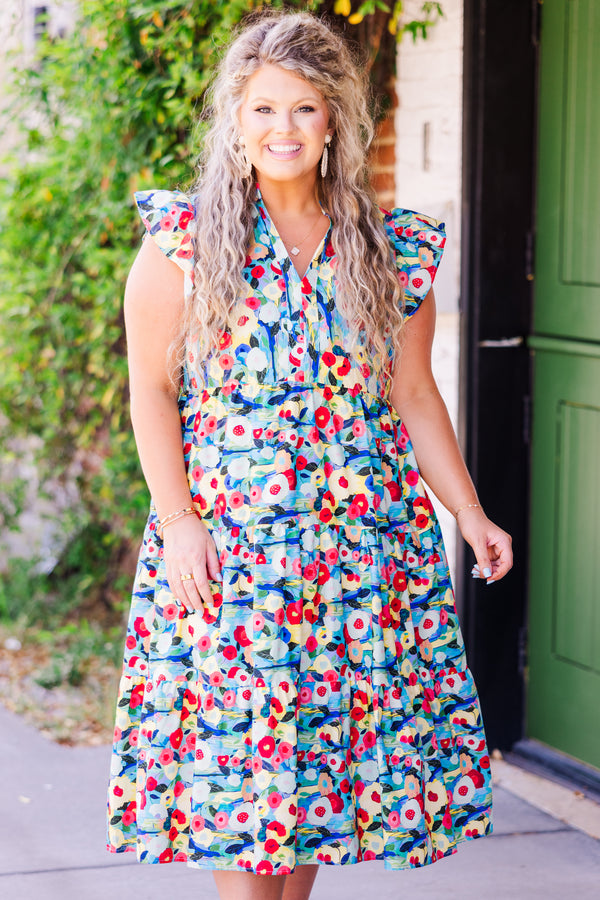 Chic Soul plus size clothing, sleeveless blue multi-colored midi dress with ruffles and v-neckline 