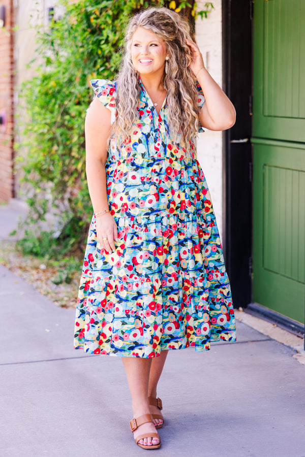 Chic Soul plus size clothing, sleeveless blue multi-colored midi dress with ruffles and v-neckline 