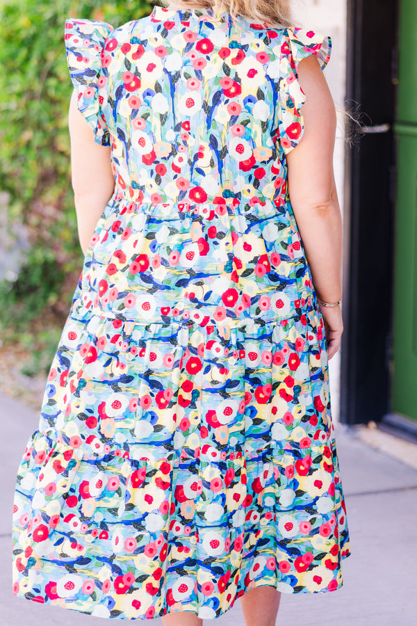 Chic Soul plus size clothing, sleeveless blue multi-colored midi dress with ruffles and v-neckline 