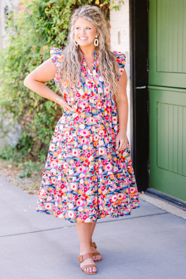 Chic Soul plus size clothing, pink multi short sleeve midi dress with multi floral pattern with ruffle detail on sleeves with v neckline