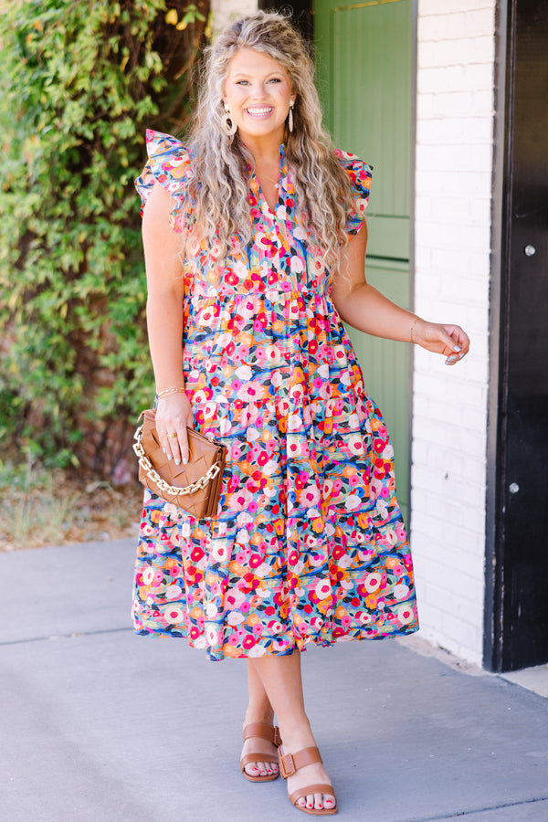 Chic Soul plus size clothing, pink multi short sleeve midi dress with multi floral pattern with ruffle detail on sleeves with v neckline