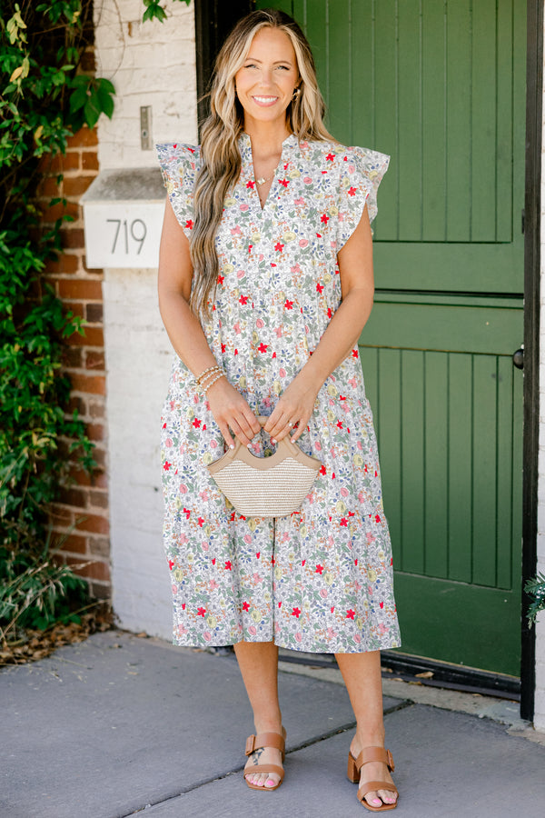 Chic Soul plus size clothing, red floral print midi dress with flutter sleeves