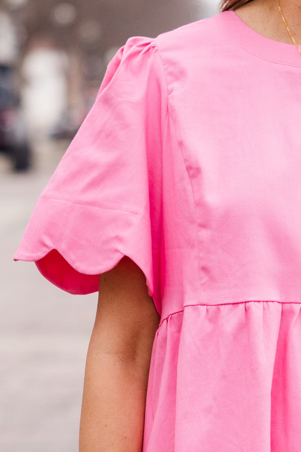 Chic Soul plus size clothing, pink short sleeve mini dress with scalloped sleeves