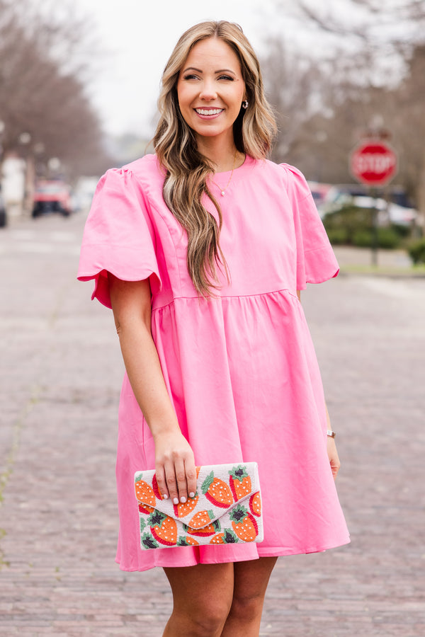 Chic Soul plus size clothing, pink short sleeve mini dress with scalloped sleeves