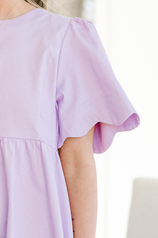 Chic Soul plus size clothing, Lilac casual dress with short sleeves and scallop details at the end of the sleeves