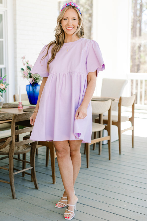 Chic Soul plus size clothing, Lilac casual dress with short sleeves and scallop details at the end of the sleeves