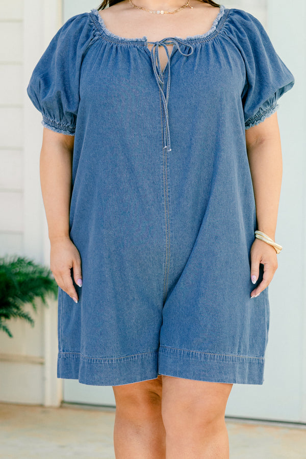 Chic Soul plus size clothing, short bubble sleeve medium wash denim romper with string tie at ruched neckline and fringed hem on sleeves and neckline