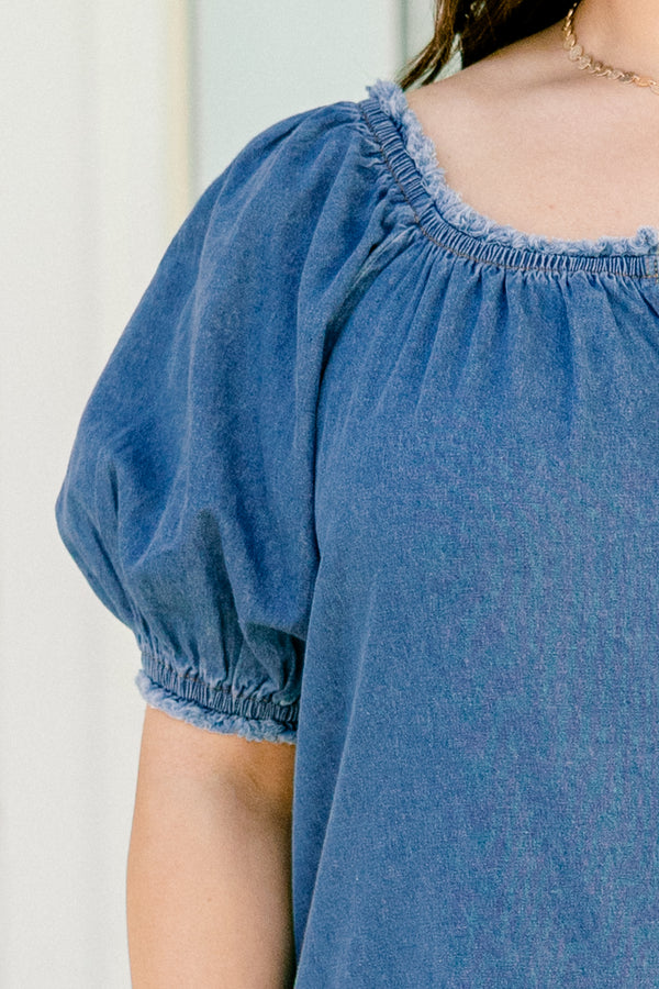 Chic Soul plus size clothing, short bubble sleeve medium wash denim romper with string tie at ruched neckline and fringed hem on sleeves and neckline
